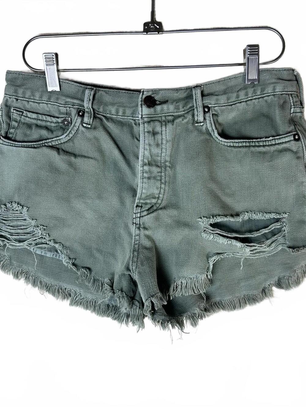 We The Free Sage Green Denim Mini Shorts Button Fly summer beach Raw Hem  Sz 8